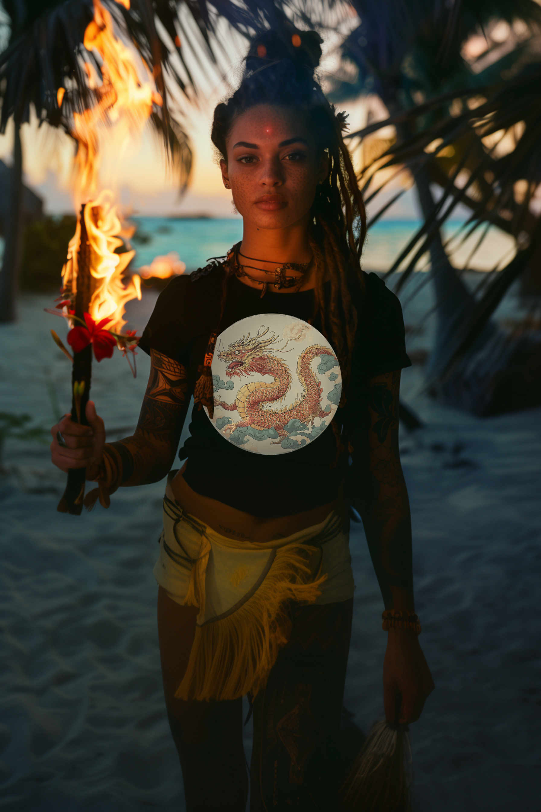 CIRCLE DRAGON - Womens Black Tee