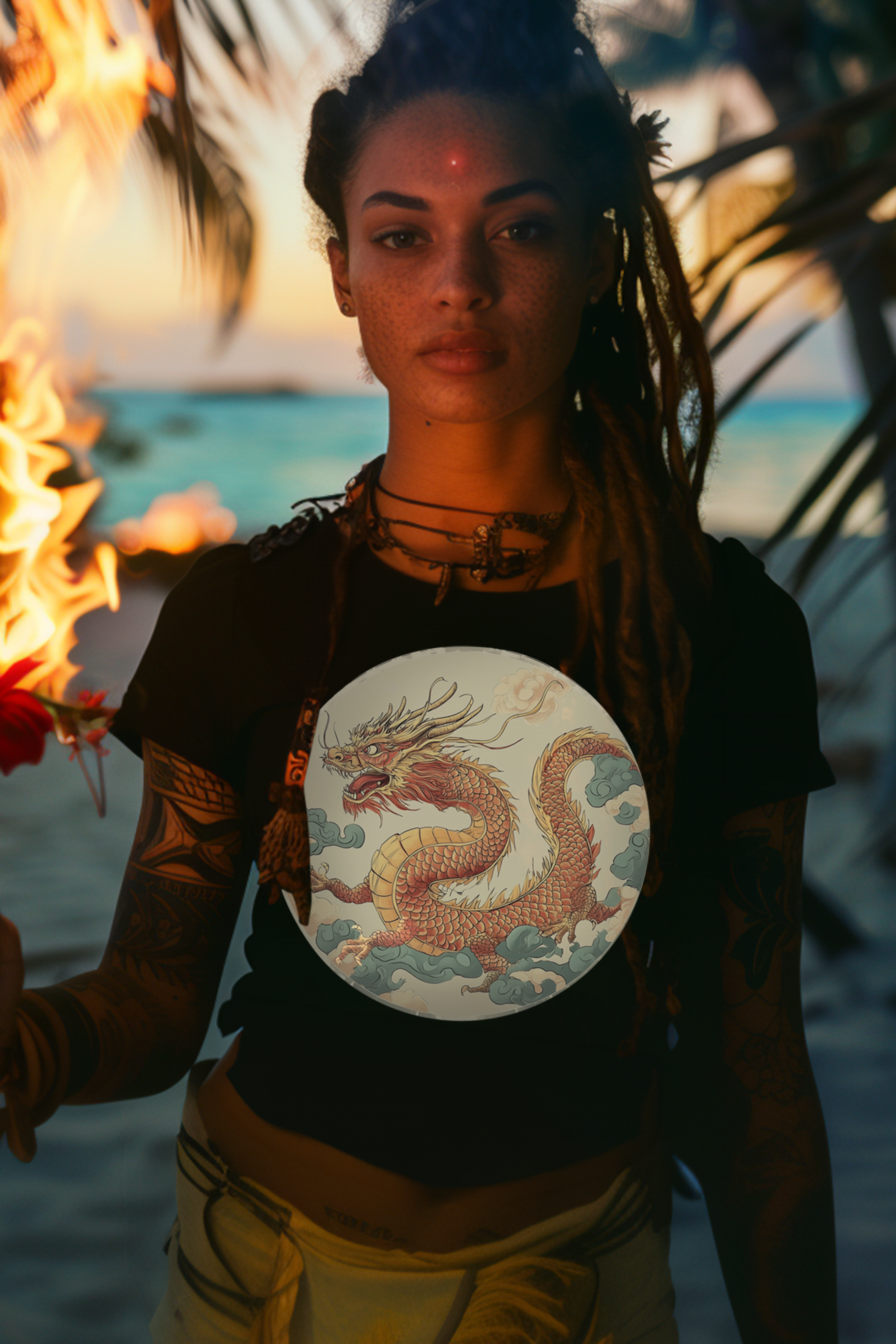 CIRCLE DRAGON - Womens Black Tee
