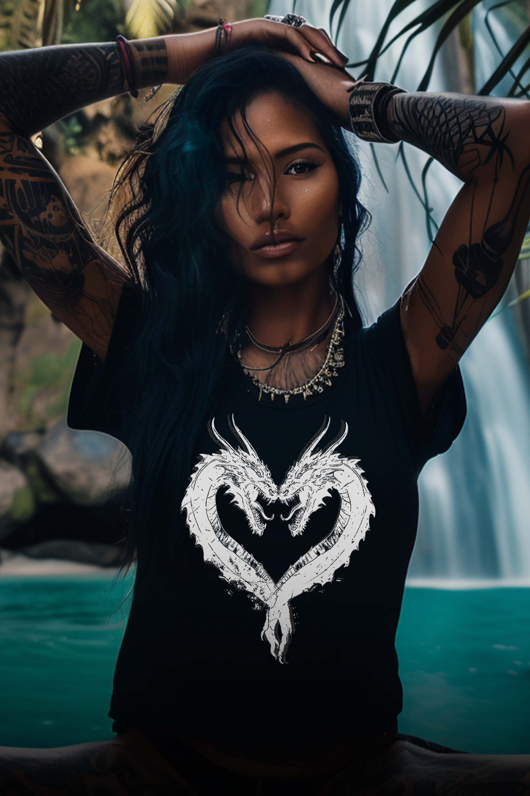 HEART DRAGON - Womens Black Tee
